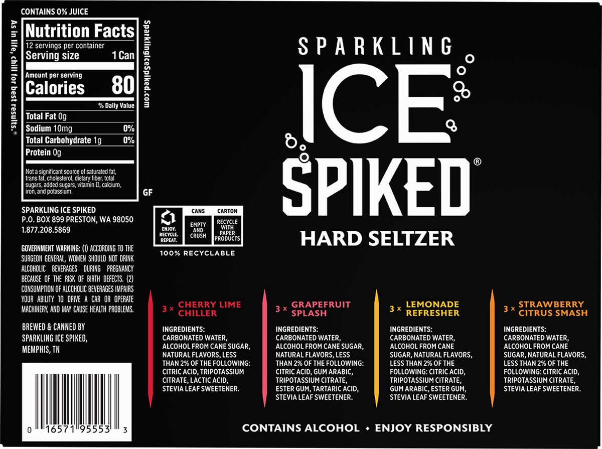 slide 3 of 7, Sparkling Ice Spiked Variety Pack Hard Seltzer 12 - 12 fl oz Cans, 12 ct