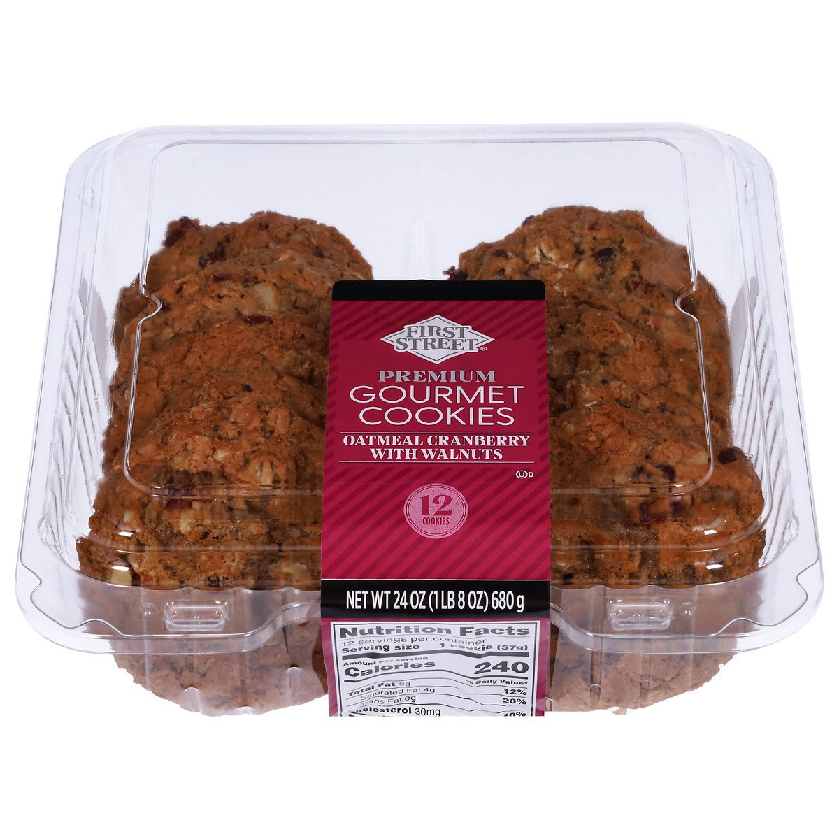 slide 1 of 13, First Street Fs Prem Gourmet Cookie Oatmeal Cranberry W/Walnut, 24 oz