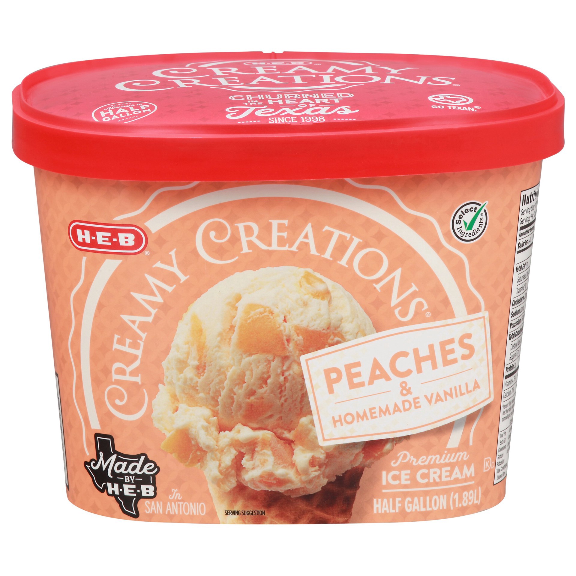 slide 1 of 1, H-E-B Creamy Creations Peaches and Homemade Vanilla Ice Cream, 64 fl oz