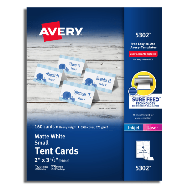 slide 1 of 10, Avery Inkjet/Laser Tent Cards, White, 160 ct; 2 in x 3 1/2 in