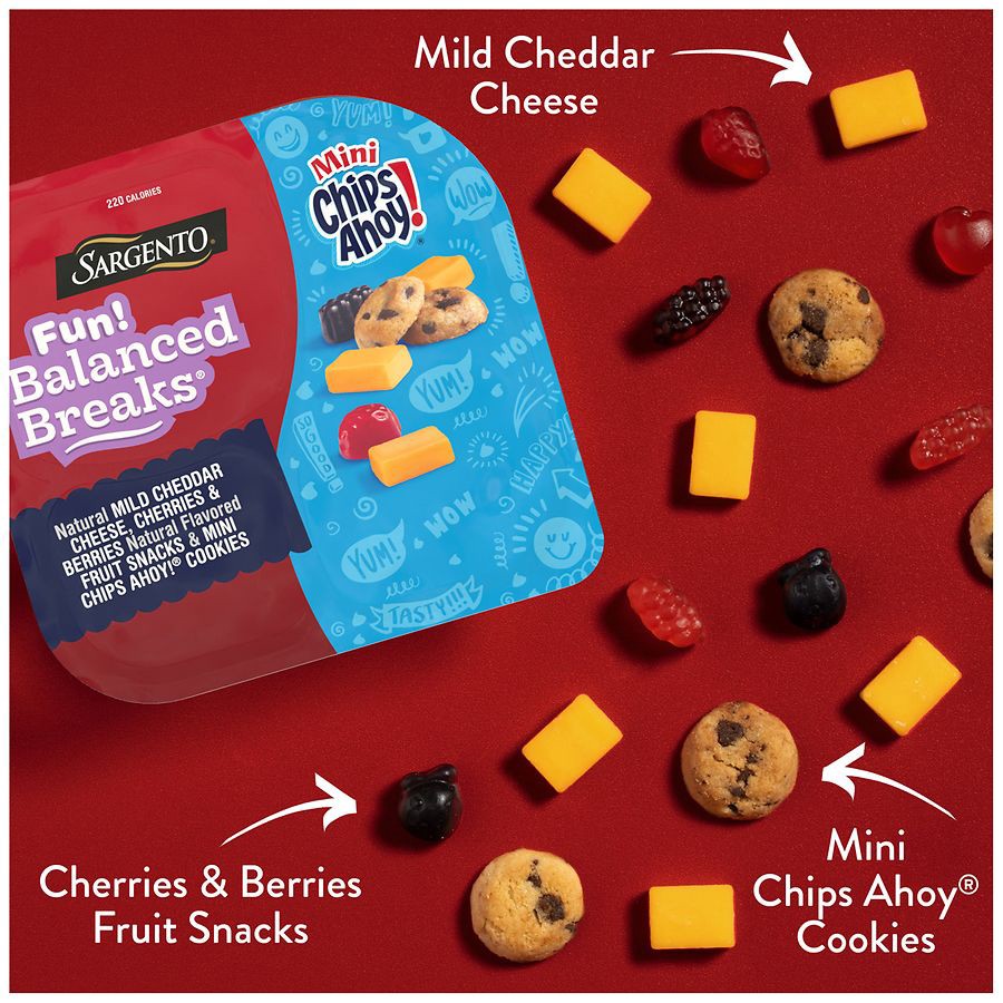 slide 2 of 5, Sargento Fun! Balanced Breaks Natural Mild Cheddar Cheese, Cherries & Berries Natural Flavored Fruit Snacks & Mini CHIPS AHOY! Cookies, 2-oz, 2 oz