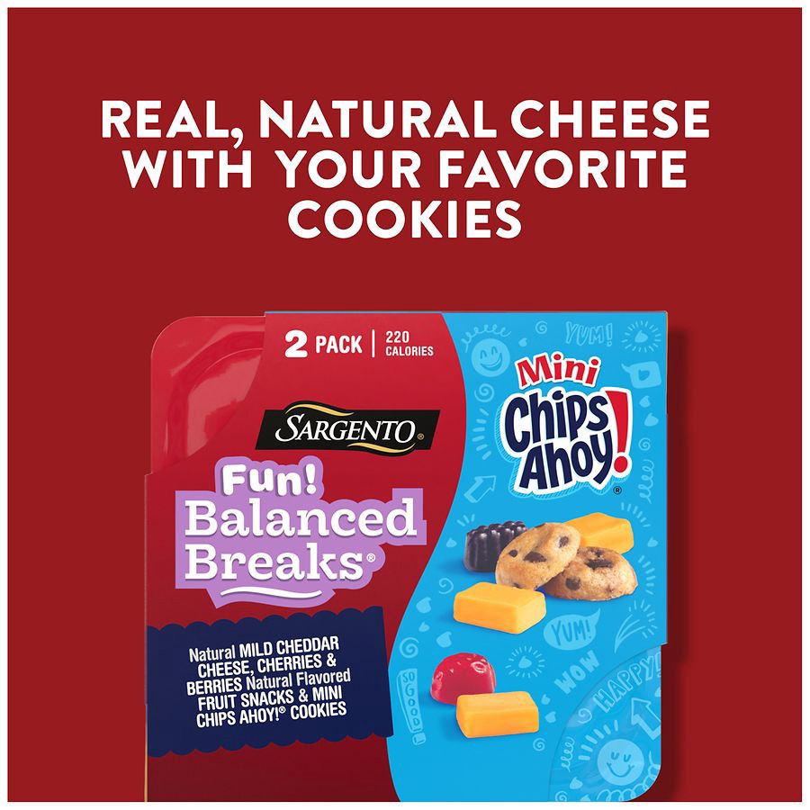 slide 5 of 5, Sargento Fun! Balanced Breaks Natural Mild Cheddar Cheese, Cherries & Berries Natural Flavored Fruit Snacks & Mini CHIPS AHOY! Cookies, 2-oz, 2 oz