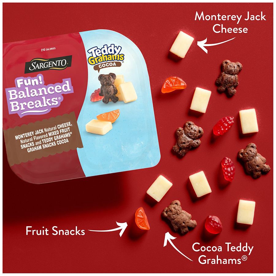 slide 5 of 5, Sargento Fun! Balanced Breaks Monterey Jack, Fruit Snacks & TEDDY GRAHAMS, 2 oz, 2 oz