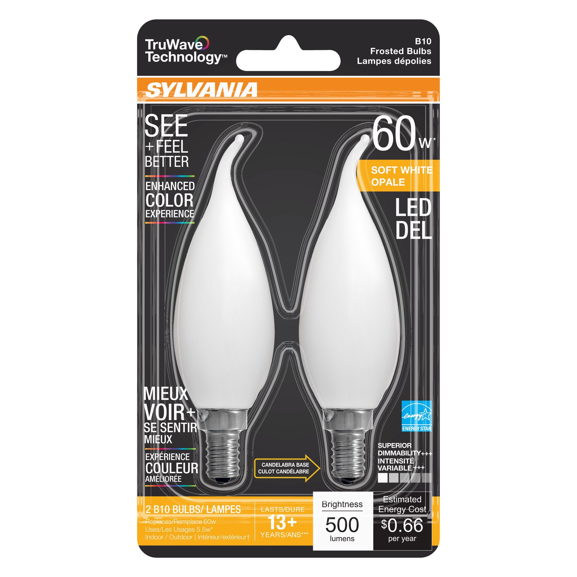 slide 1 of 1, Sylvania TruWave 60 Watt E12 Soft White Frosted LED Light Bulbs, 2 ct