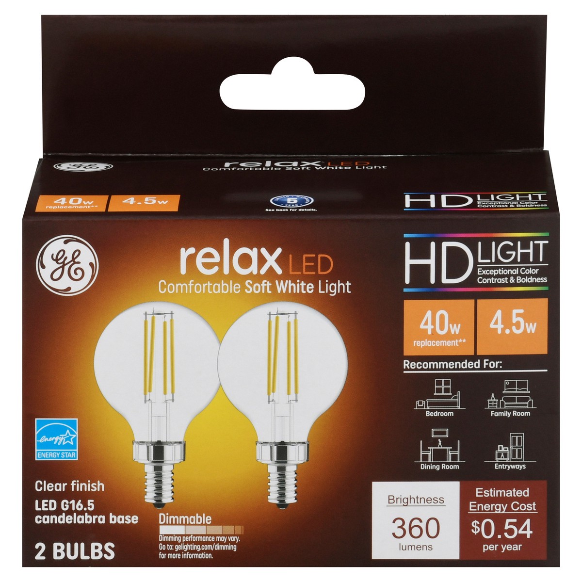 slide 1 of 9, GE Relax 4.5 Watts Clear Soft White Candelabra LED Light Bulbs 2 ea, 2 ct