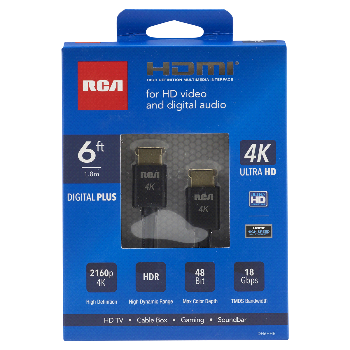 slide 1 of 5, RCA Digital + 4K 6' HDMI cable DH6HHF, 6 ft