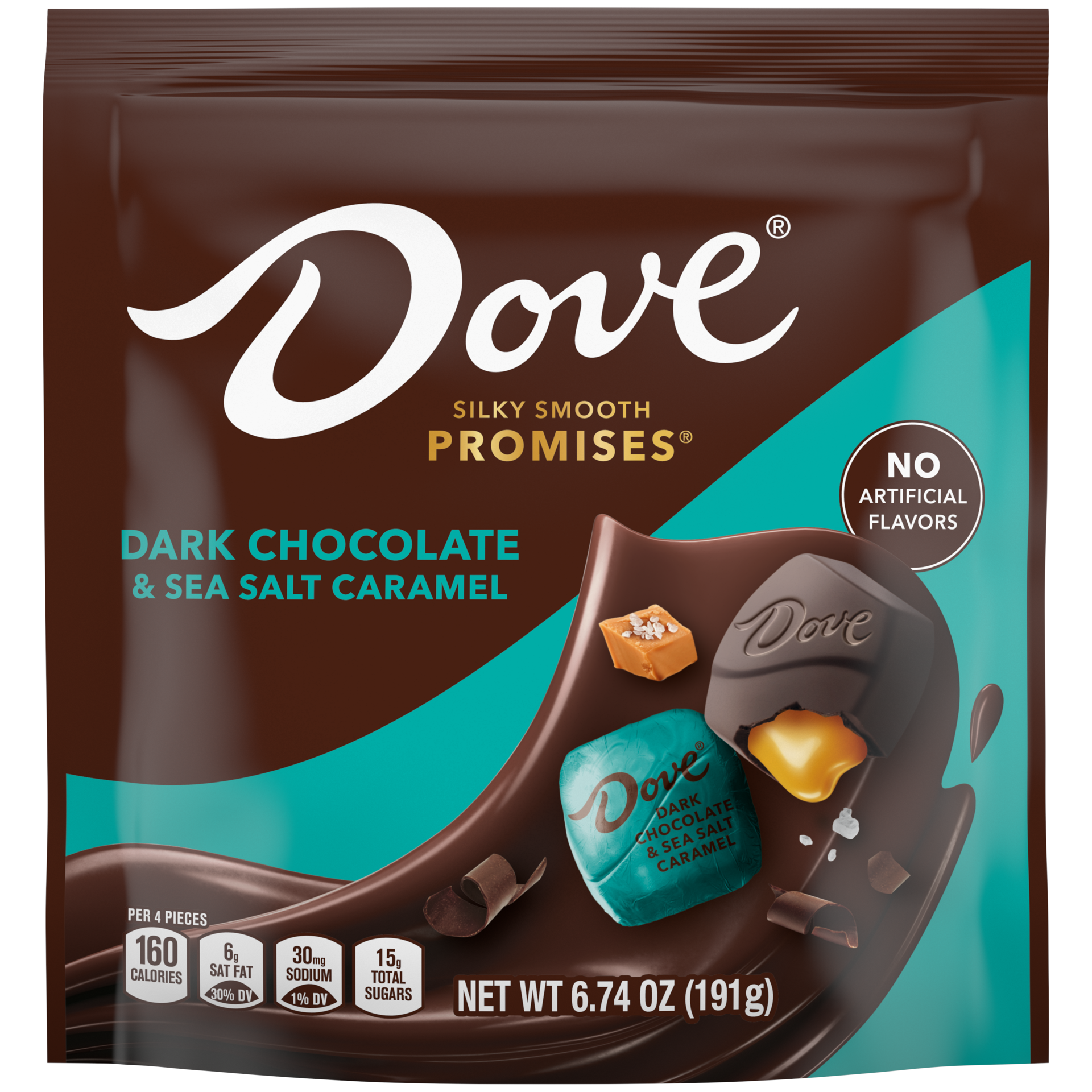 slide 1 of 8, DOVE PROMISES Dark Chocolate & Sea Salted Caramel Candy, 6.74 Oz Bag, 6.74 oz