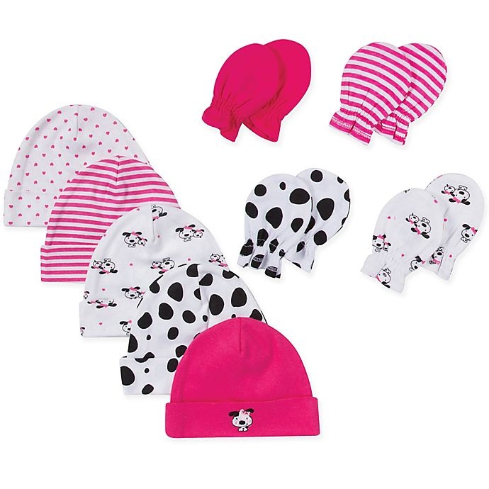 slide 1 of 1, Gerber Dalmatian Cotton Cuffed Cap and Mitten Set - Pink, 9 ct