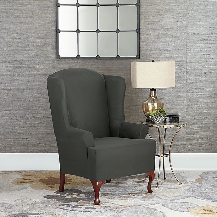 slide 1 of 1, SureFit Home Decor Designer Suede Wingback Chair Slipcover - Grey, 1 ct