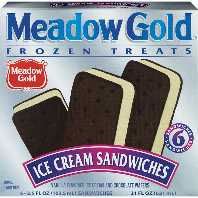 slide 1 of 1, Meadow Gold Frozen Treats Vanilla Ice Cream Sandwiches, 6 ct; 3.5 fl oz