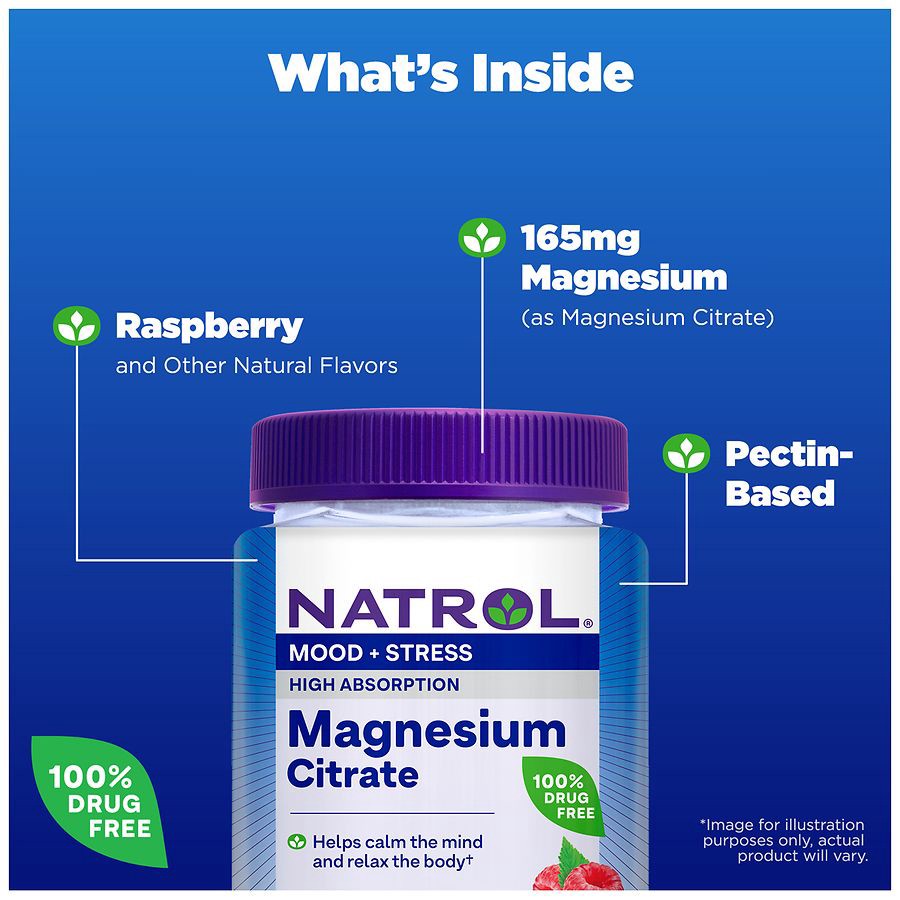 slide 2 of 5, Natrol Mood + Stress Magnesium Citrate 330mg, Dietary Supplement for Mood and Occasional Stress Support, 60 Raspberry-Flavored Gummies, 15-Day Supply, 60 ct