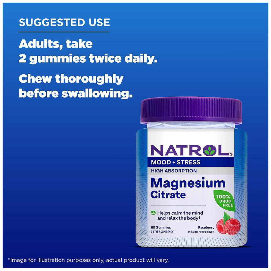 slide 3 of 5, Natrol Mood + Stress Magnesium Citrate 330mg, Dietary Supplement for Mood and Occasional Stress Support, 60 Raspberry-Flavored Gummies, 15-Day Supply, 60 ct
