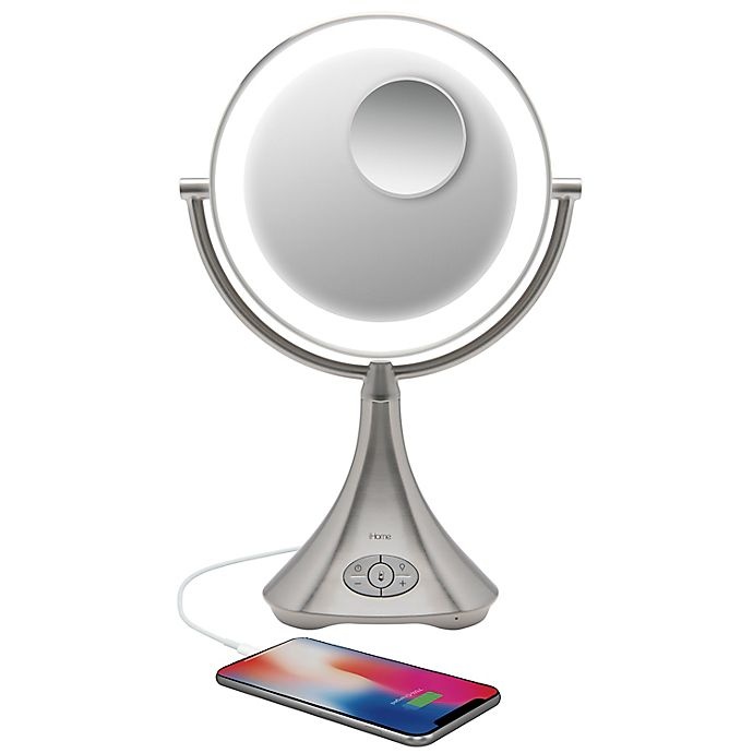 slide 9 of 11, iHome Lux Pro 10x/1x Halo Lighted Rechargeable Vanity Mirror and Speaker - Silver/Nickel, 1 ct