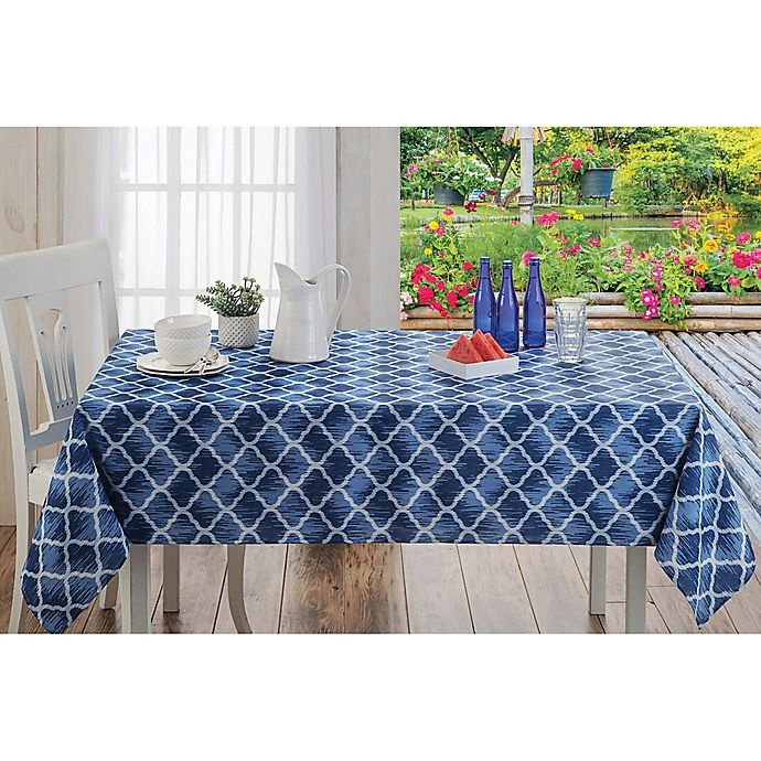 slide 3 of 3, Bardwil Linens Indigo Trellis Indoor/Outdoor Tablecloth with Umbrella Hole, 60 in x 120 in