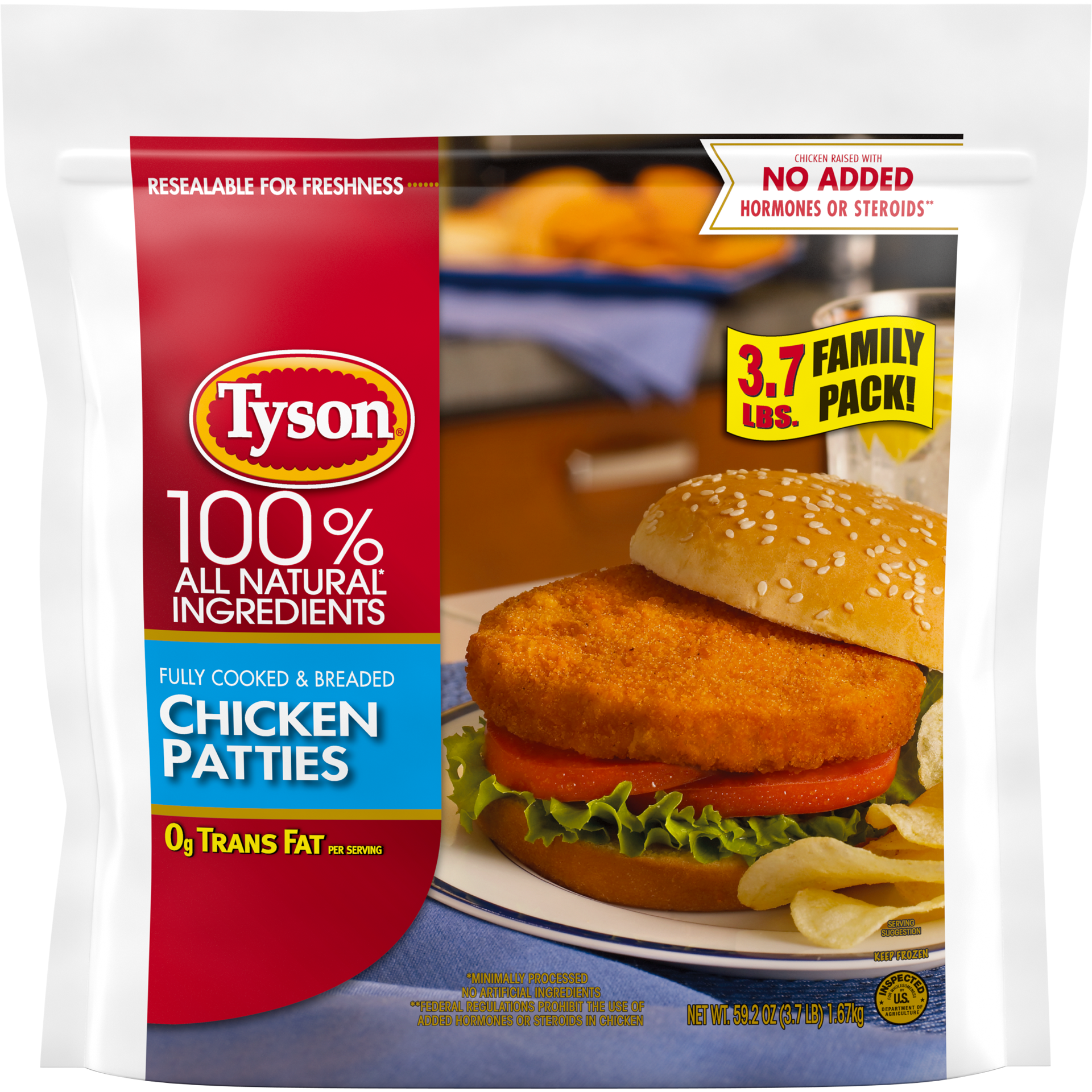 slide 1 of 1, Tyson All Natural* Chicken Patties, Family Pack, 3.7 lb. (Frozen), 1.68 kg