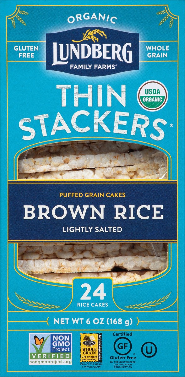 slide 1 of 14, Lundberg Family Farms Thin Stackers Organic Brown Rice Lightly Salted Rice Cakes 24 ea, 5.9 oz