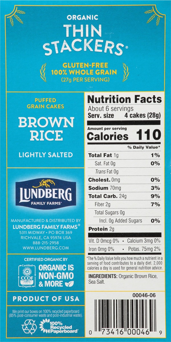 slide 8 of 14, Lundberg Family Farms Lightly Salted Brown Rice Thin Stackers Puffed Grain Cakes, 5.9 oz