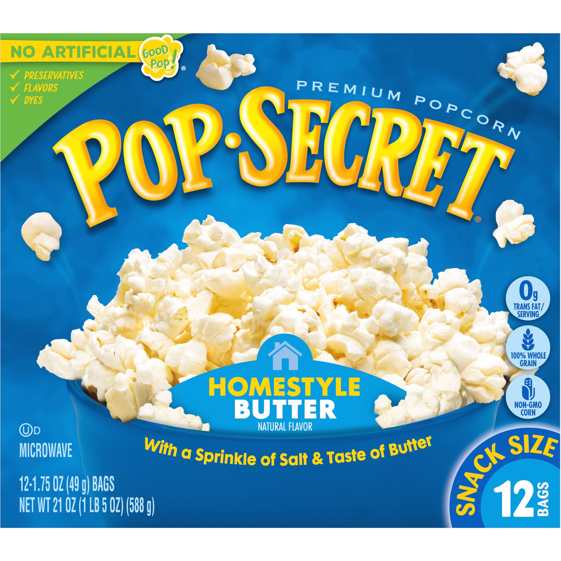 slide 5 of 9, Pop-Secret Microwave Popcorn, Homestyle Butter Flavor, 1.75 Oz Snack Bags, 12 Ct, 21 oz