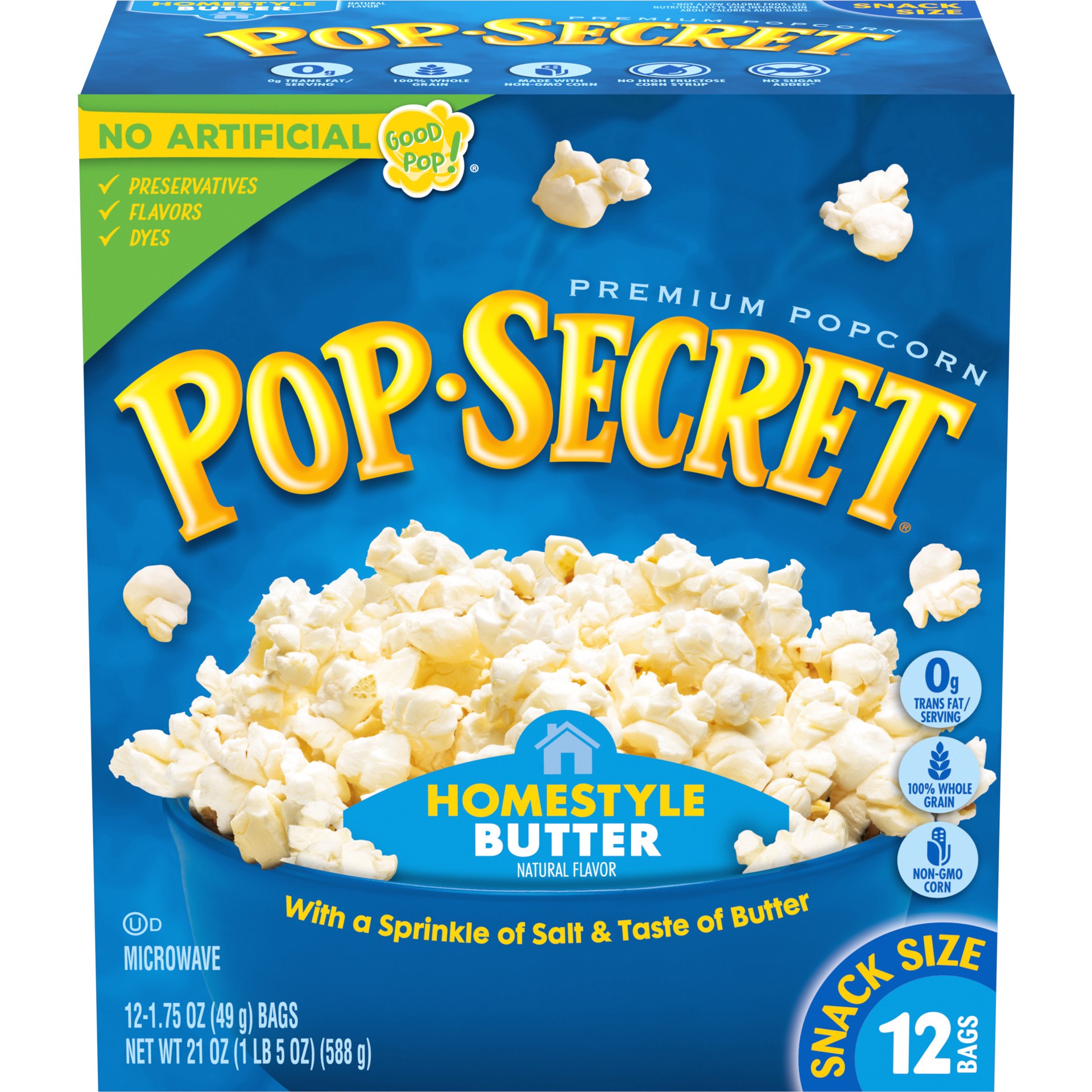 slide 1 of 9, Pop-Secret Microwave Popcorn, Homestyle Butter Flavor, 1.75 Oz Snack Bags, 12 Ct, 21 oz