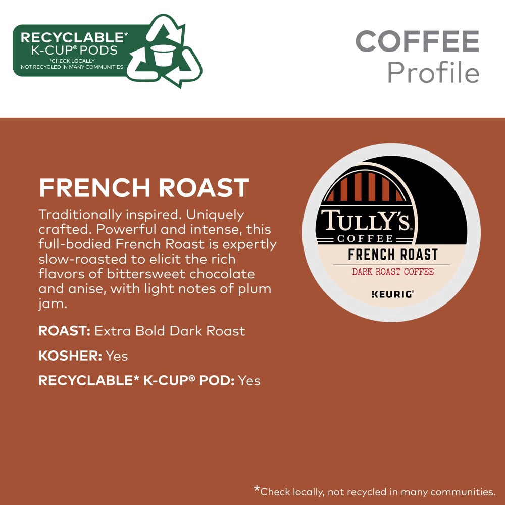 slide 6 of 6, Tully's Coffee French Roast Keurig Single-Serve K-Cup Pods, Dark Roast Coffee, 10 Count, 10 ct