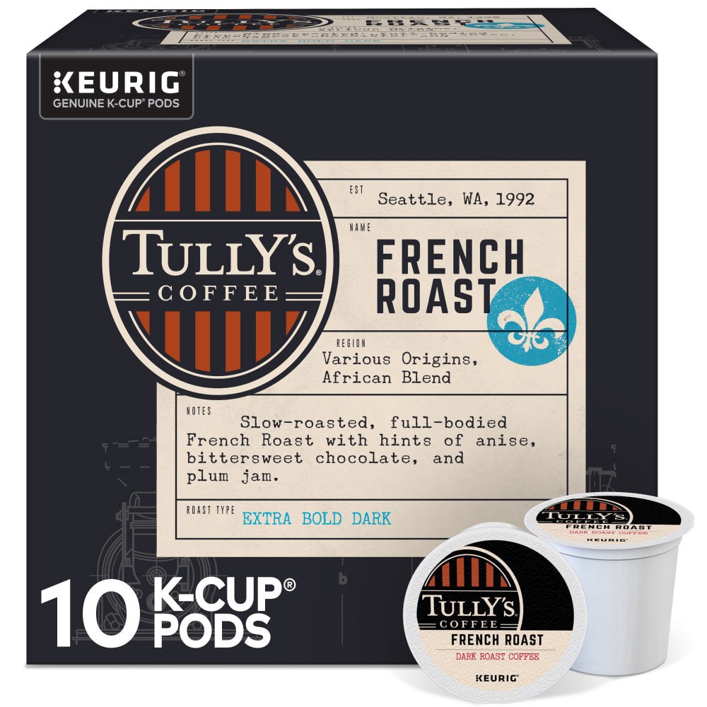 slide 1 of 6, Tully's Coffee French Roast Keurig Single-Serve K-Cup Pods, Dark Roast Coffee, 10 Count, 10 ct