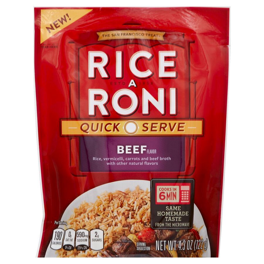 slide 1 of 7, Rice-A-Roni Quick Serve Beef Flavor 4.3 Ounce Plastic Bag, 4.3 oz