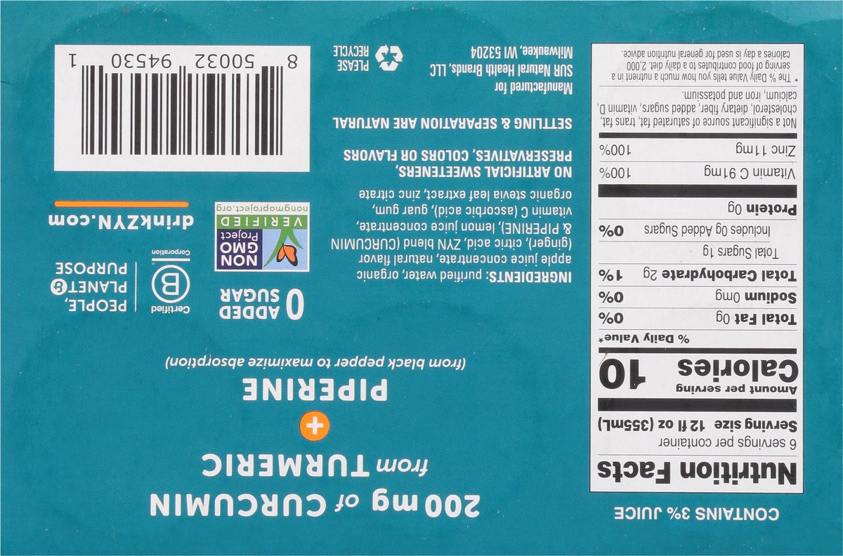 slide 10 of 11, ZYN Turmeric Wellness Lemon Ginger Flavor Antioxidant Drink 6 - 12 fl oz Cans, 6 ct