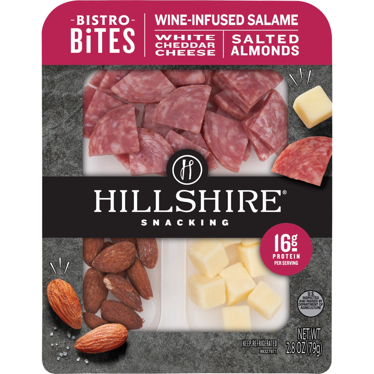 slide 3 of 4, Hillshire Snacking Bistro Bites, Wine Infused Salami, White Cheddar Cheese, Salted Almonds, 2.8 oz, 2.8 oz