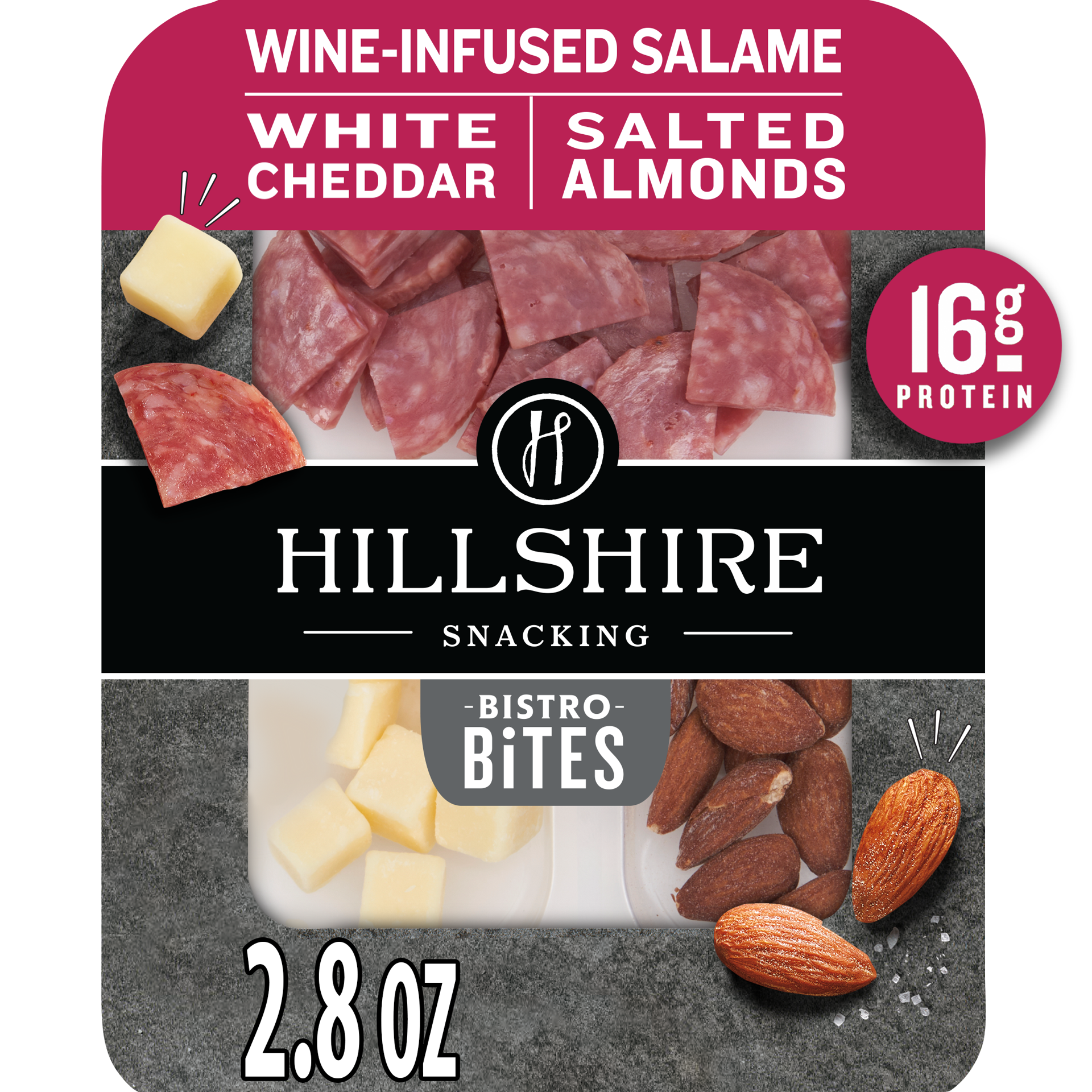 slide 1 of 4, Hillshire Snacking Bistro Bites, Wine Infused Salami, White Cheddar Cheese, Salted Almonds, 2.8 oz, 2.8 oz