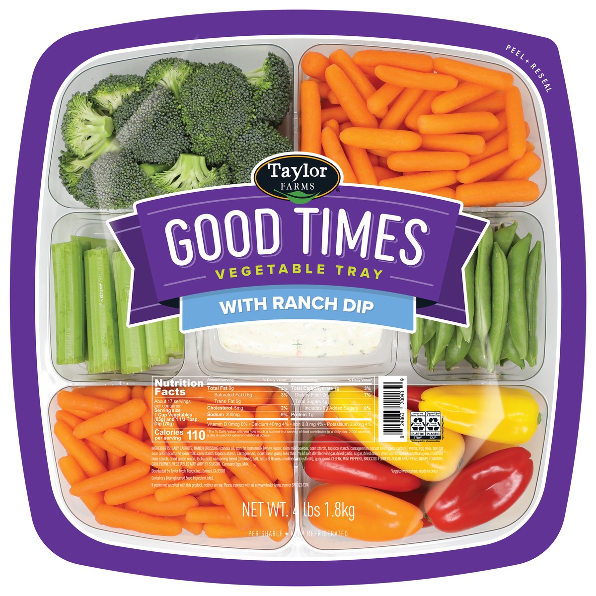 slide 1 of 3, Taylor Farms Good Times Vegetable Tray with Ranch Dip 4 lb, 4 lb