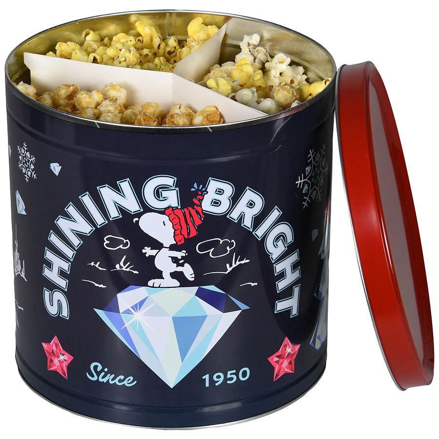 slide 3 of 5, GiftPop Peanuts Merry & Bright Popcorn Tin Assortment White Cheddar, Butter & Caramel - 21 oz, 21 oz
