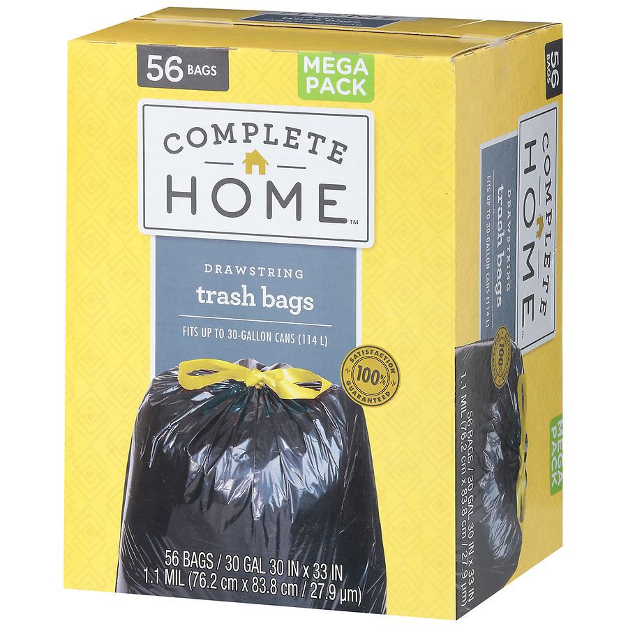 slide 5 of 5, Complete Home Drawstring Trash Bags Mega Pack 30 Gallon, 56 ct