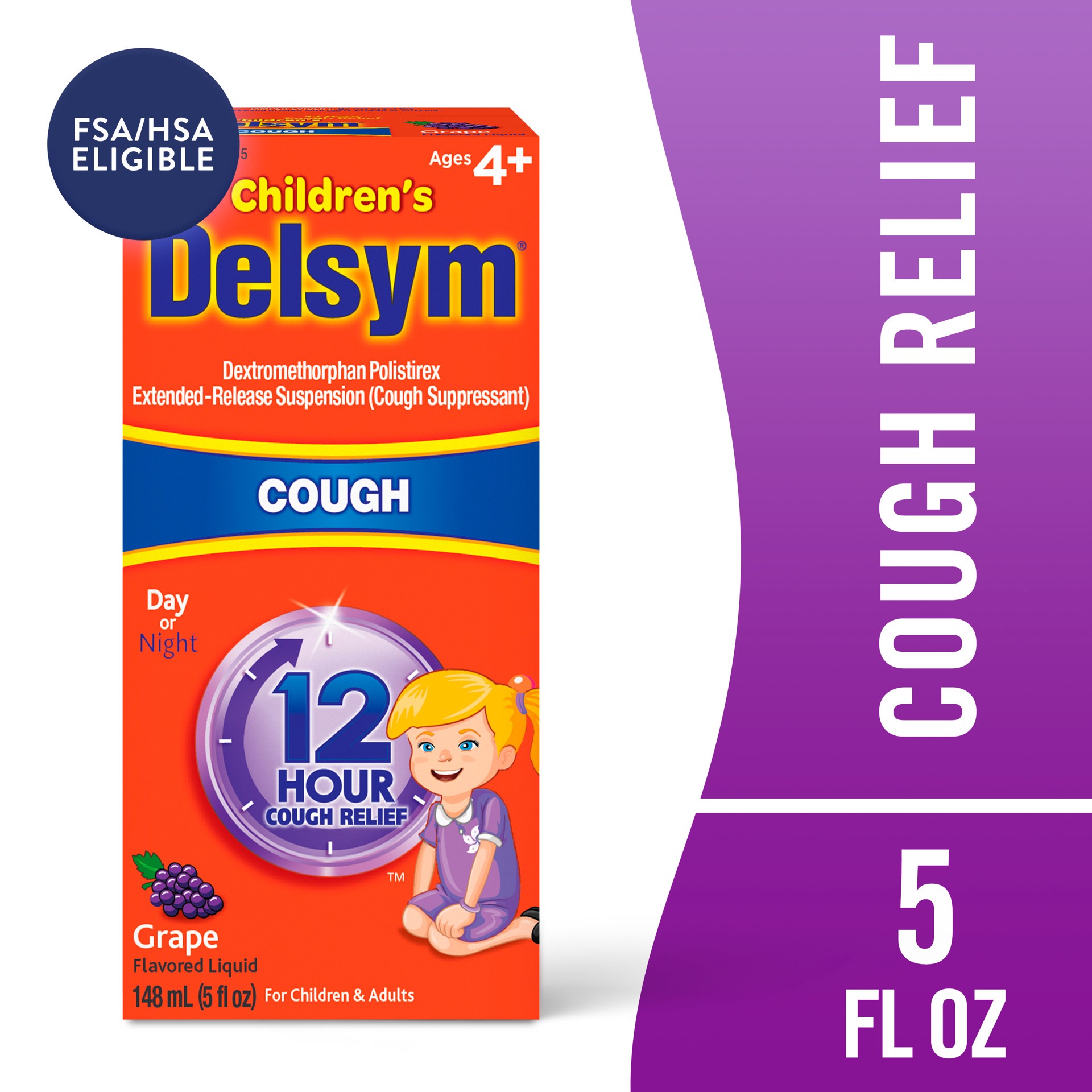 slide 1 of 9, Delsym Childrens Grape Cough Relief Liquid - 5 Fl. Oz., 5 fl oz