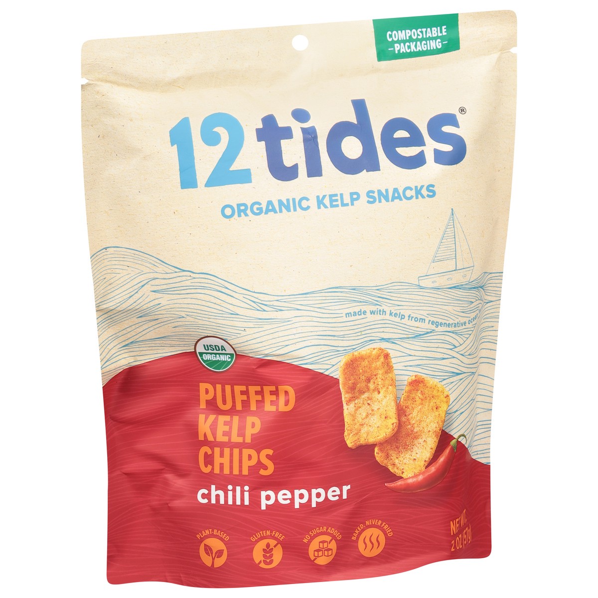 slide 8 of 12, 12 Tides Organic Chili Pepper Puffed Kelp Chips 2 oz, 2 oz