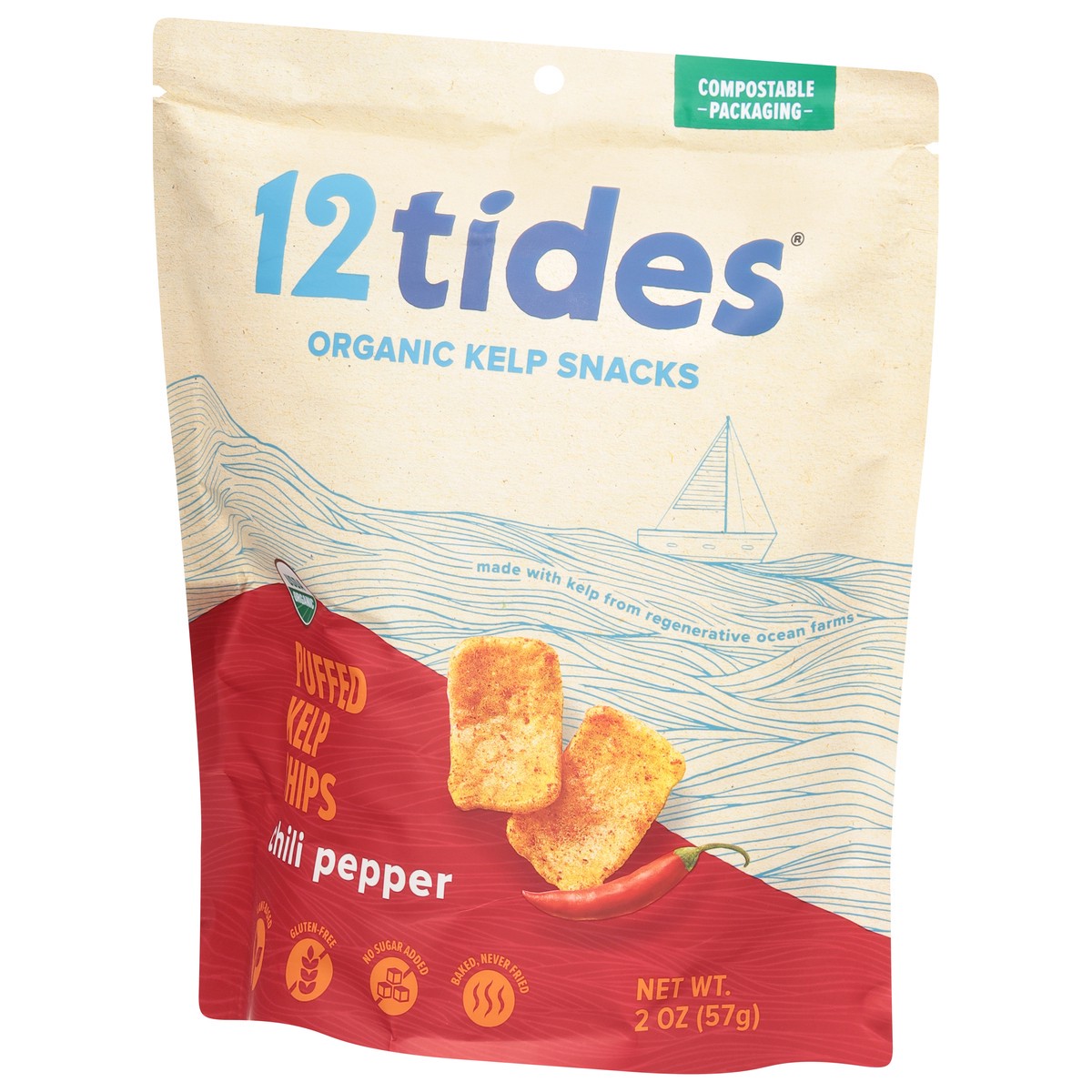 slide 4 of 12, 12 Tides Organic Chili Pepper Puffed Kelp Chips 2 oz, 2 oz