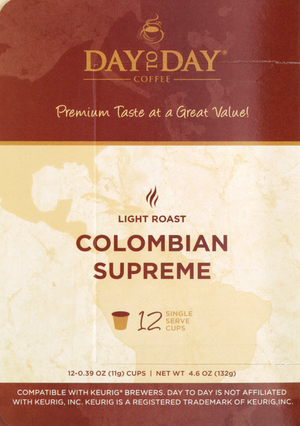 slide 1 of 1, Day To Day Coffee, Light Roast, Colombian Supreme, Single Serve Cups, 12 ct