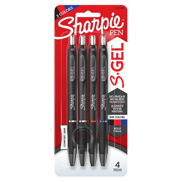 slide 1 of 7, Sharpie S Gel Pens, Bold Point, 1.0 Mm, Black Barrels, Assorted Ink, Pack Of 4 Pens, 4 ct