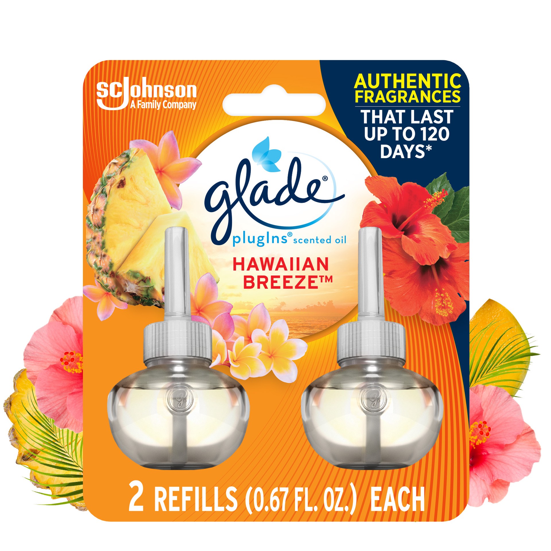 slide 2 of 5, Glade PlugIns Scented Oil Refill, Hawaiian Breeze, Essential Oil Infused Wall Plug In, Up to 100 Days of Continuous Fragrance, 1.34 oz, 2 ct, 2 ct