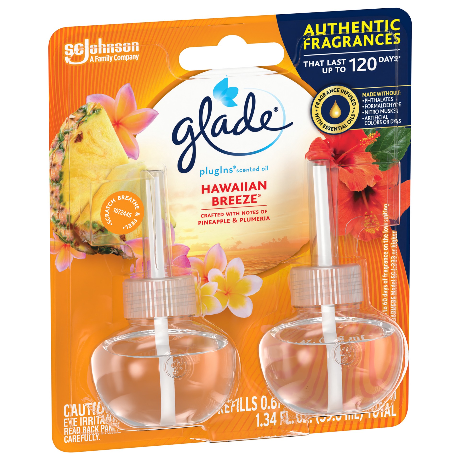 slide 3 of 5, Glade PlugIns Scented Oil Refill, Hawaiian Breeze, Essential Oil Infused Wall Plug In, Up to 100 Days of Continuous Fragrance, 1.34 oz, 2 ct, 2 ct