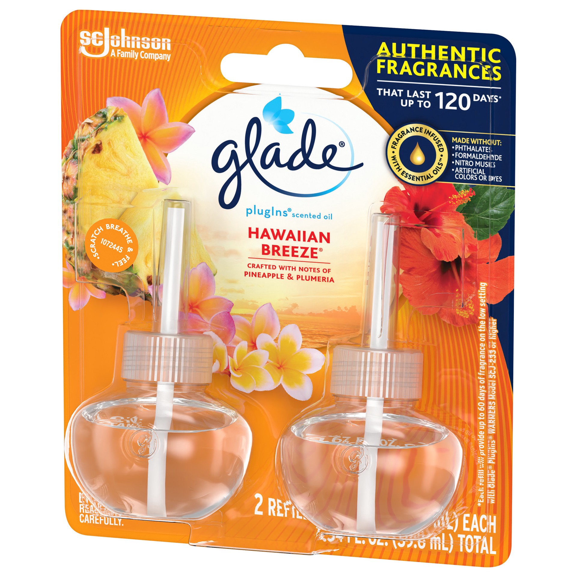 slide 5 of 5, Glade PlugIns Scented Oil Refill, Hawaiian Breeze, Essential Oil Infused Wall Plug In, Up to 100 Days of Continuous Fragrance, 1.34 oz, 2 ct, 2 ct