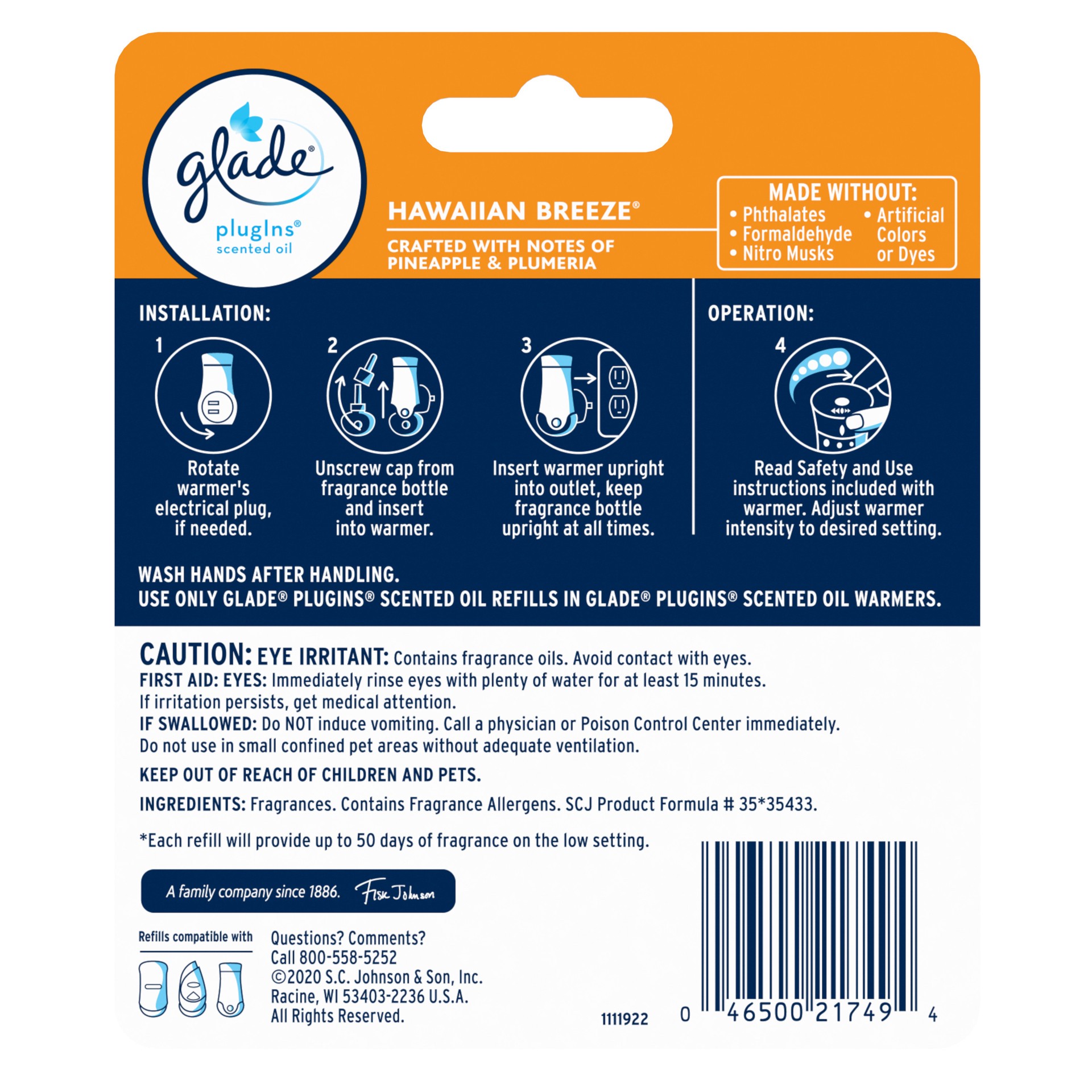 slide 4 of 5, Glade PlugIns Scented Oil Refill, Hawaiian Breeze, Essential Oil Infused Wall Plug In, Up to 100 Days of Continuous Fragrance, 1.34 oz, 2 ct, 2 ct