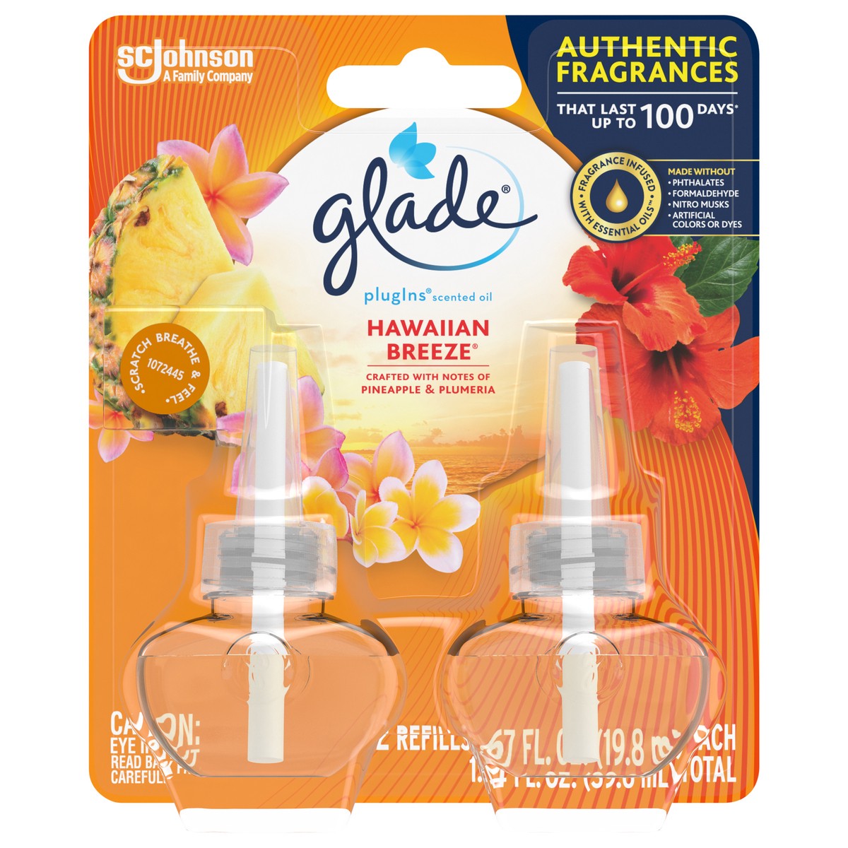 slide 1 of 5, Glade PlugIns Scented Oil Refill, Hawaiian Breeze, Essential Oil Infused Wall Plug In, Up to 100 Days of Continuous Fragrance, 1.34 oz, 2 ct, 2 ct