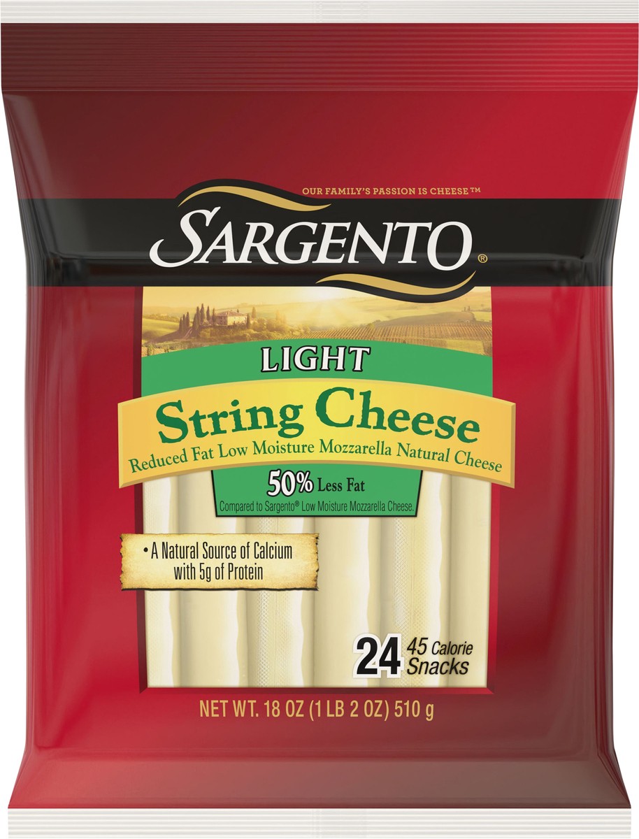 slide 5 of 8, Sargento Reduced Fat Low Moisture Part-Skim Mozzarella Natural Cheese Light String Cheese Snacks, 24-Count, 24 ct