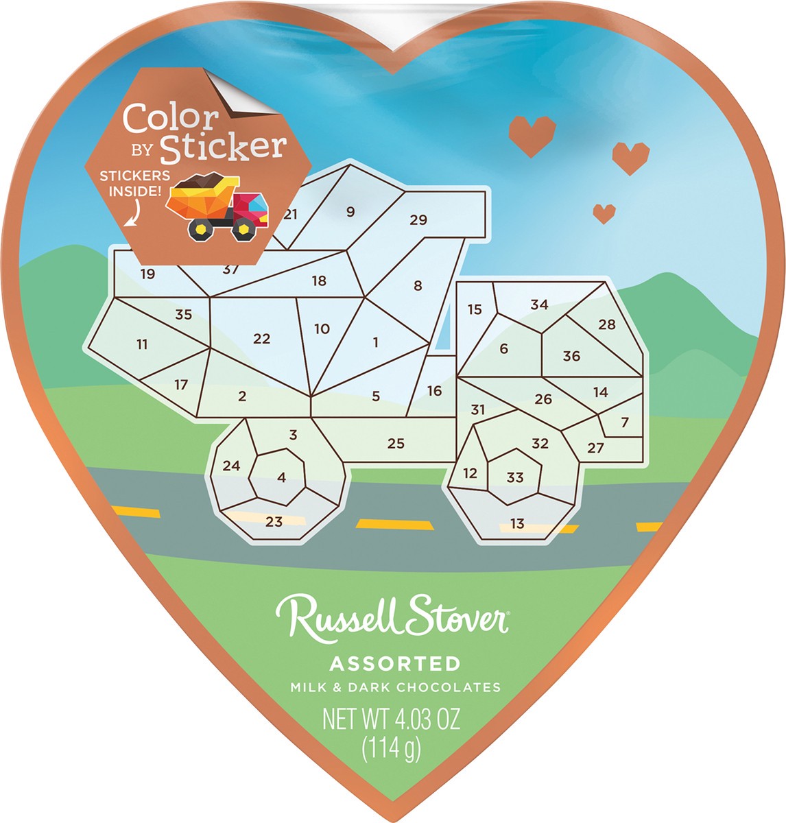 slide 9 of 12, RUSSELL STOVER Valentine's Day Color Sticker Truck Assorted Milk & Dark Chocolate Gift Box, 4.03 oz. (7 pieces), 7 ct