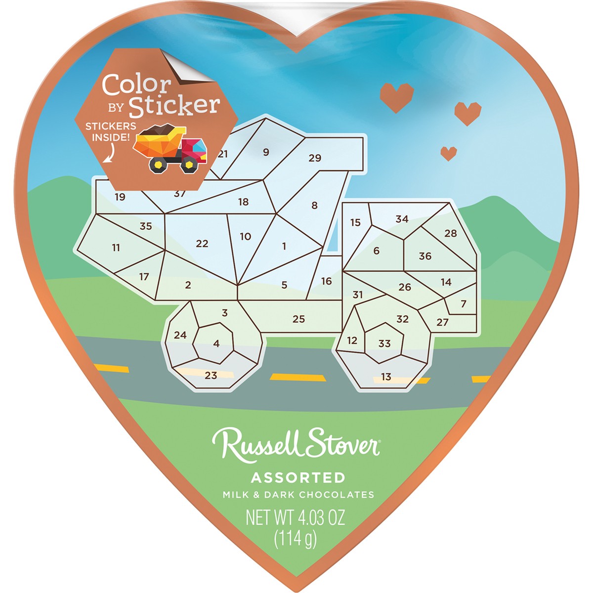 slide 4 of 12, RUSSELL STOVER Valentine's Day Color Sticker Truck Assorted Milk & Dark Chocolate Gift Box, 4.03 oz. (7 pieces), 7 ct