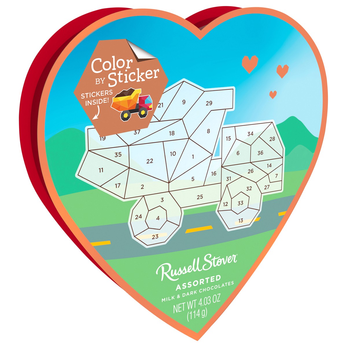 slide 6 of 12, RUSSELL STOVER Valentine's Day Color Sticker Truck Assorted Milk & Dark Chocolate Gift Box, 4.03 oz. (7 pieces), 7 ct