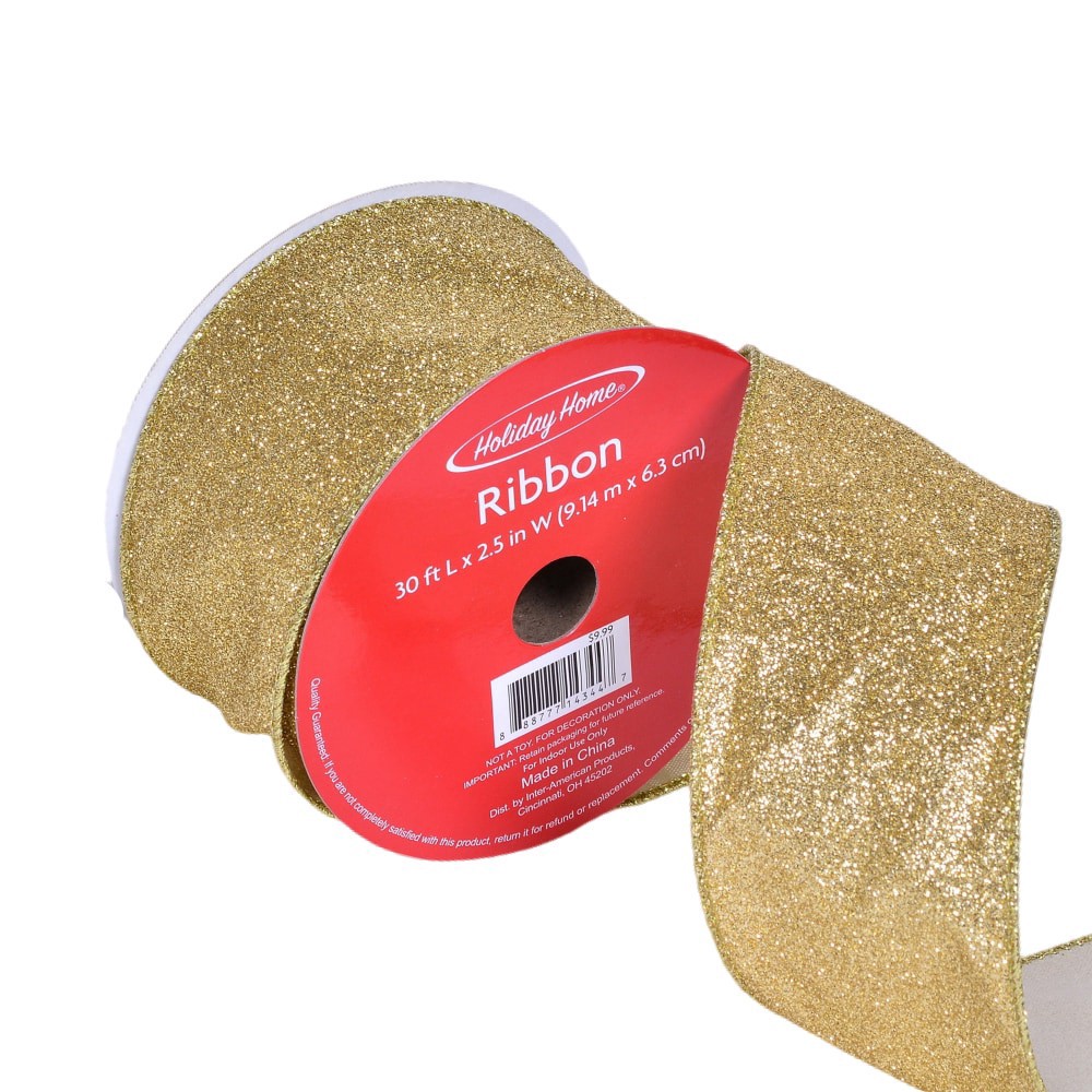 slide 3 of 3, Holiday Home 2.5 Inch Gold GLitter Ribbon, 2.5 in