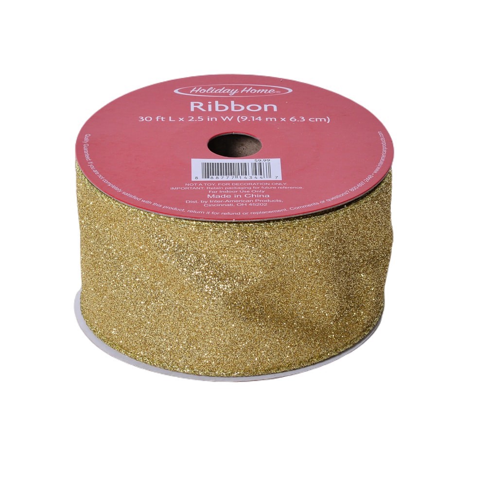 slide 2 of 3, Holiday Home 2.5 Inch Gold GLitter Ribbon, 2.5 in