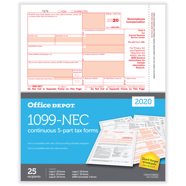 slide 1 of 3, Office Depot Brand 1099-Nec Continuous Tax Forms, 5-Part, 9'' X 11'', Pack Of 25 Forms, 25 ct