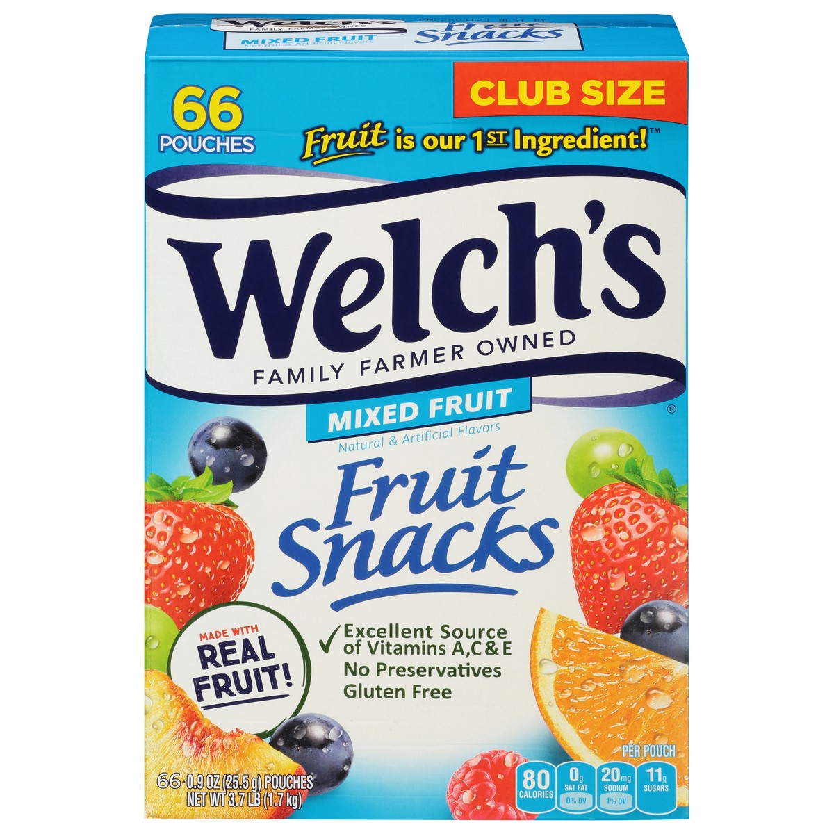 slide 1 of 9, Welch's Mixed Fruit Fruit Snacks Club Size 66 - 0.9 oz Pouches, 66 ct